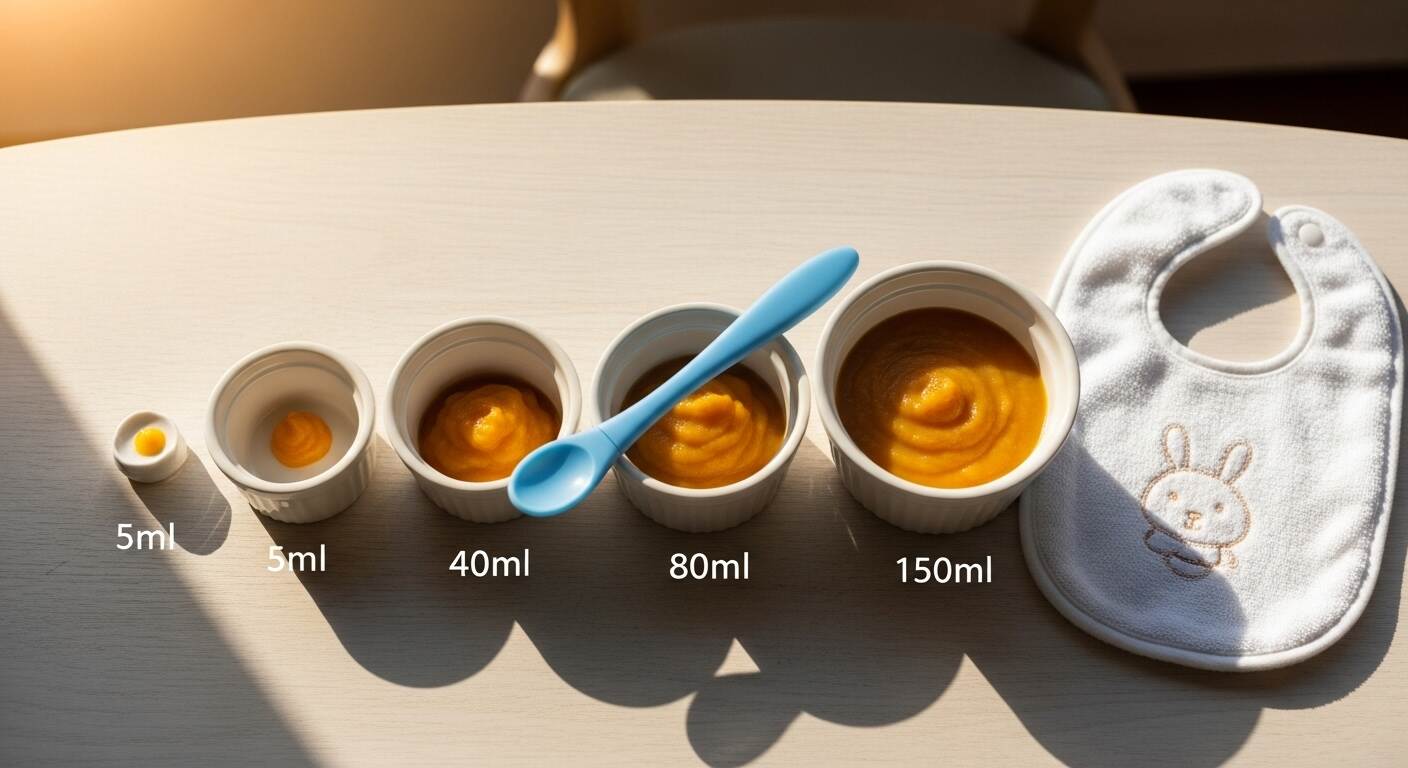 작은 그릇 네 개에 이유식이 5ml, 40ml, 80ml, 150ml 형태로 담겨 있으며, 따뜻한 햇살 아래 아기의 성장 단계를 상징하듯 점점 커지는 양이 부드럽게 표현된 감성적인 이미지. 실리콘 스푼과 작은 턱받이가 함께 배치되어 따뜻하고 편안한 분위기를 주는 사진