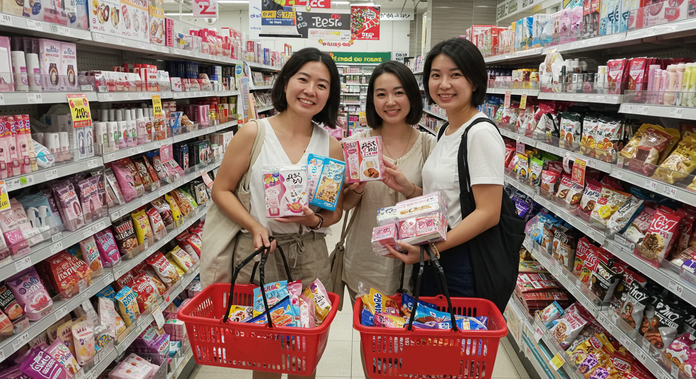 돈키호테에서 다양한 제품을 쇼핑하는 여행자들, 가득 찬 상품 진열대와 활기찬 분위기