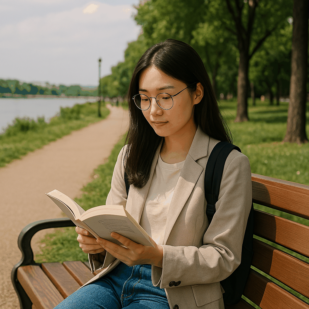 공원 벤치에 앉아 책을 읽는 젊은 동양 여성의 평화로운 모습