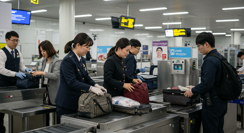공항 보안 검색대에서 짐 검사를 받는 승객들의 모습.