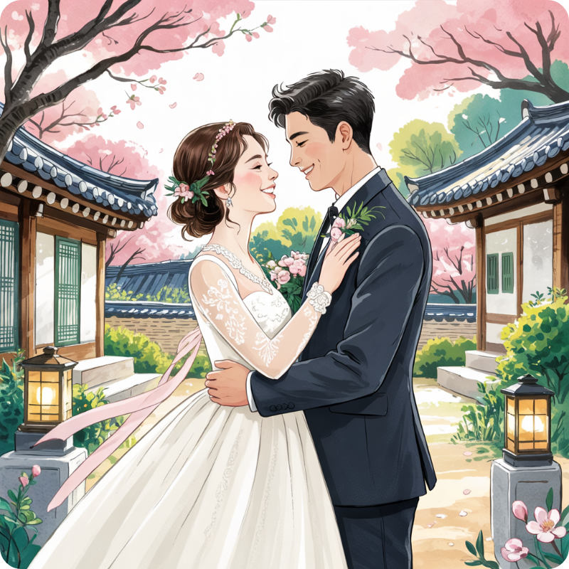 결혼식을 사진을 찍는 부부의 행복한 이미지