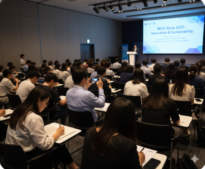 코엑스 컨퍼런스 룸 내부 예상 전경과 학습자들의 필기 모습