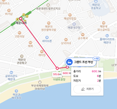해운대역에서 그랜드 조선 부산까지의 거리를 나타내는 지도