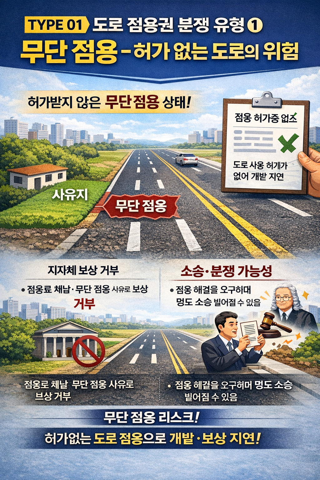 허가 없이 도로로 사용된 사유지가 개발 제한과 보상 분쟁으로 이어지는 무단 점용 사례 설명 이미지
