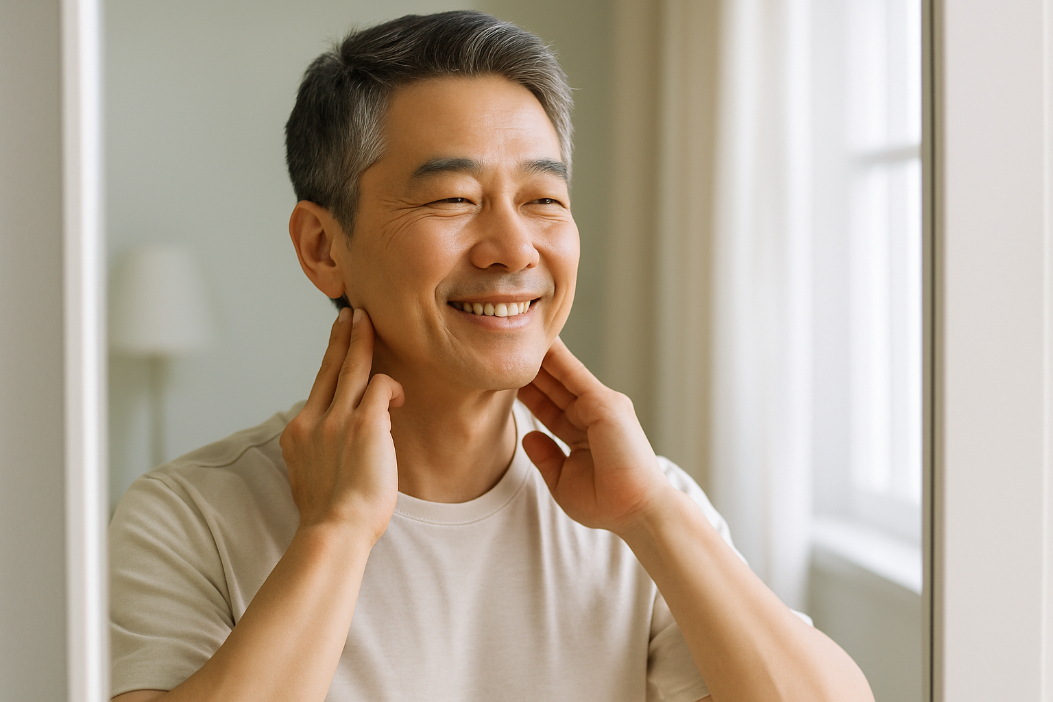 거울 앞에서 목 양옆 움푹 파인 부분을 손가락으로 누르고 있는 모습