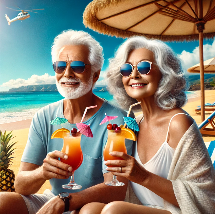 하와이 바닷가 파라솔 아래에서 여행을 즐기는 은퇴한 부부