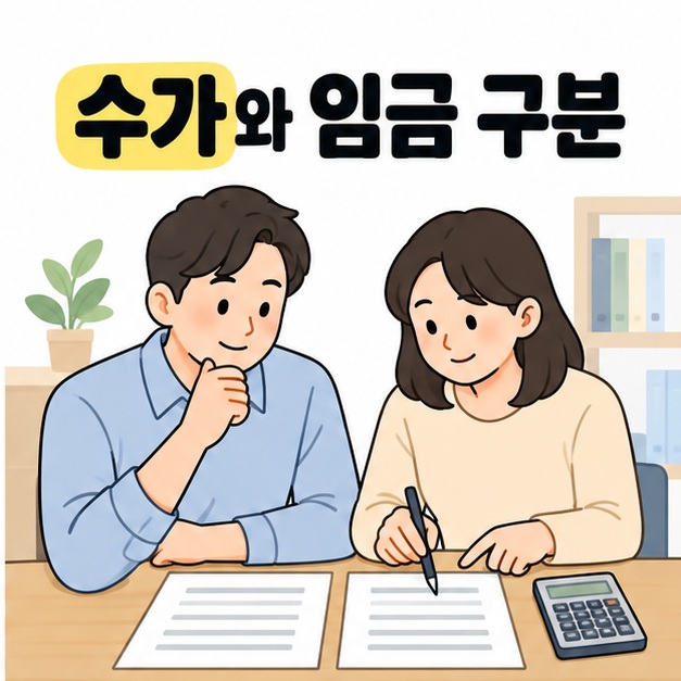 수가와 임금 구분 문구 아래 계산기와 두 장의 서류를 놓고 지급내역을 확인하는 성인 남녀