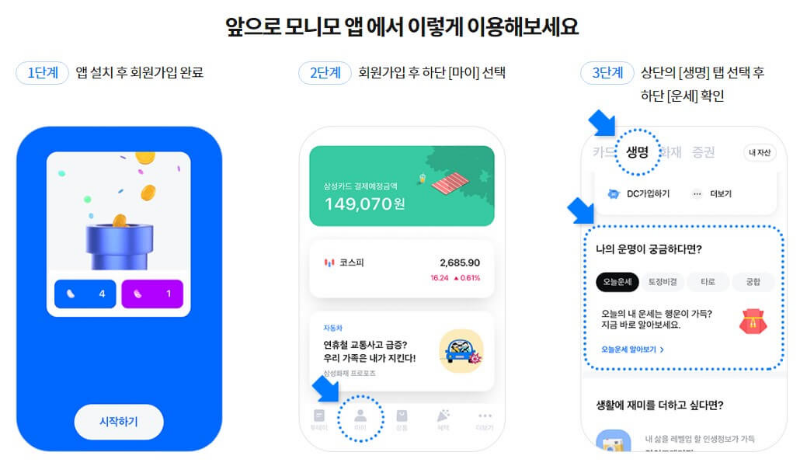 모니모 앱 회원가입 운세이용 방법 설명한 화면
