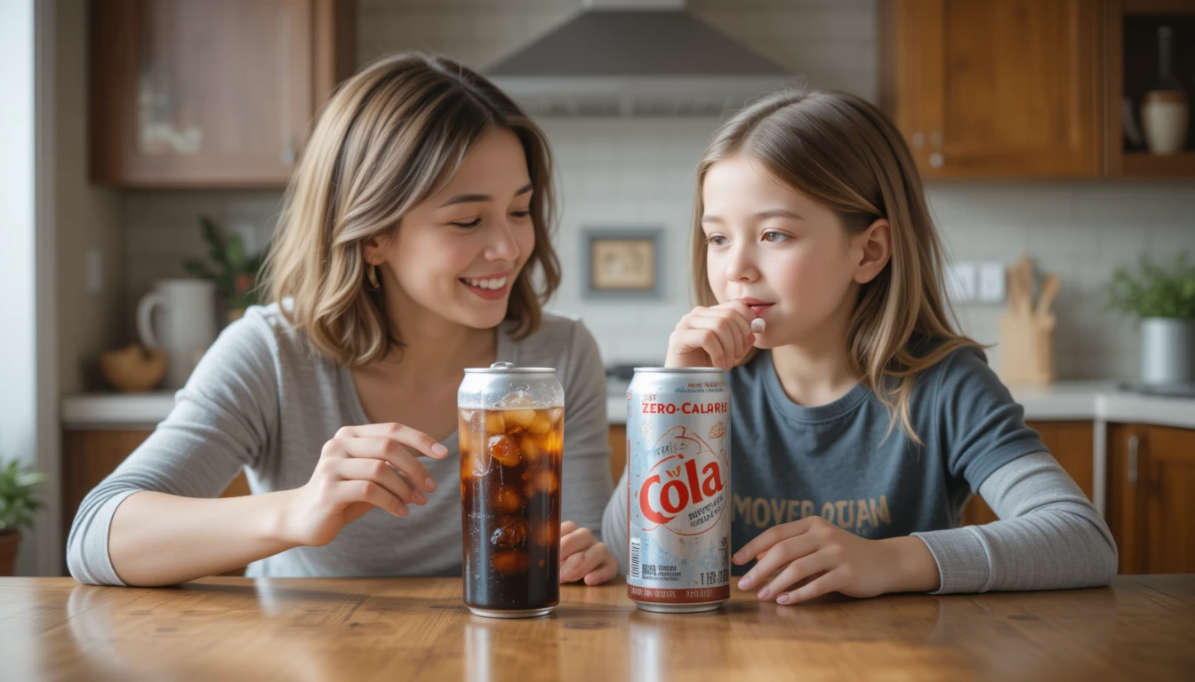 아이와 함께 두 개의 콜라를 비교해서 먹어보는 모습