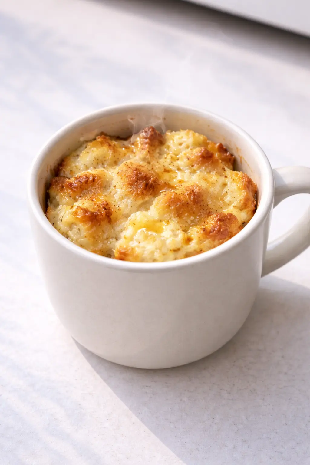 전자레인지로 익힌 직후 머그컵 빵푸딩 모습