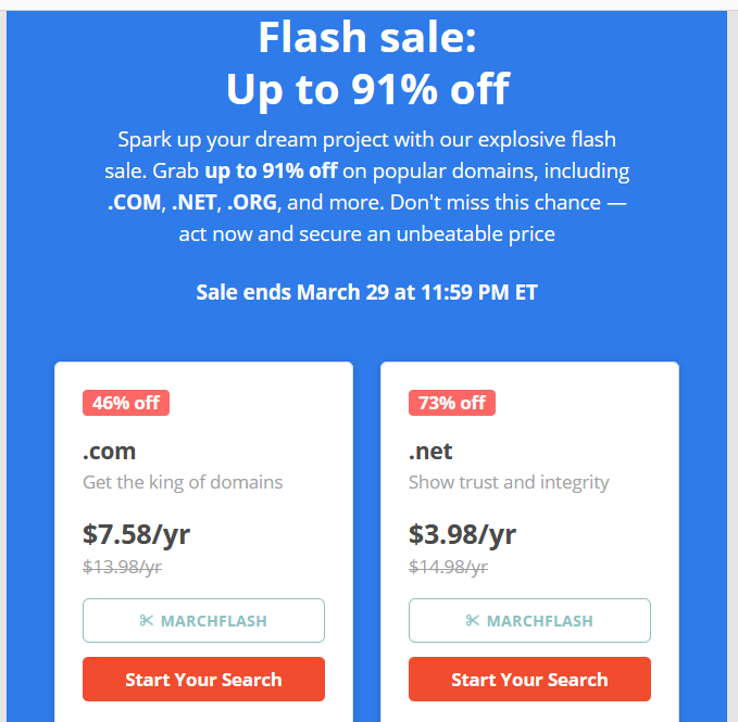네임칩에서 .com, .net, .org 도메인 등록비를 최대 91% 할인하는 깜짝 세일을 진행하네요