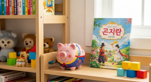 어린이 책장에 저금통과 동화책