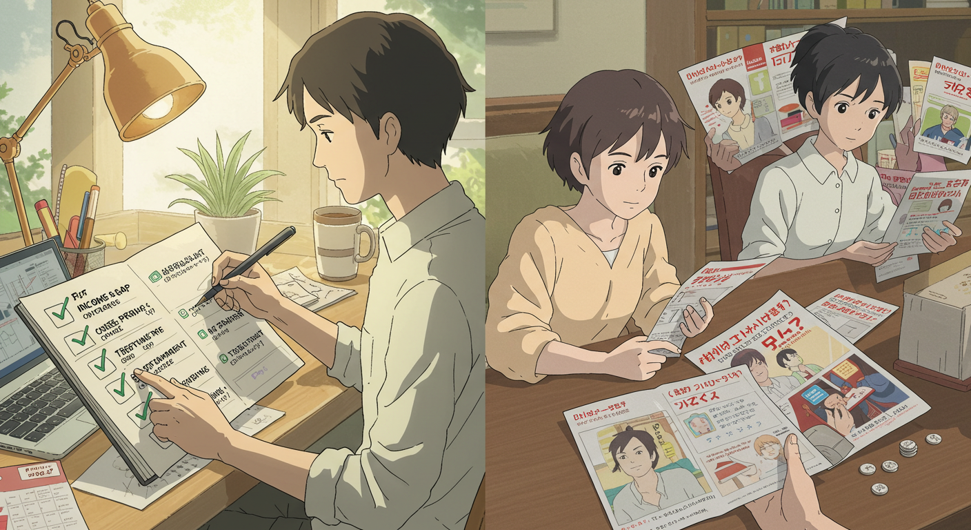 신혼부부가 새집 앞에서 건강과 재정을 고민하는 모습