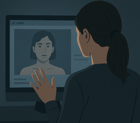 딥페이크 영상이 재생 중인 컴퓨터 화면을 바라보는 여성의 뒷모습, 자신의 얼굴이 화면 속 합성 이미지로 등장한 상황을 표현