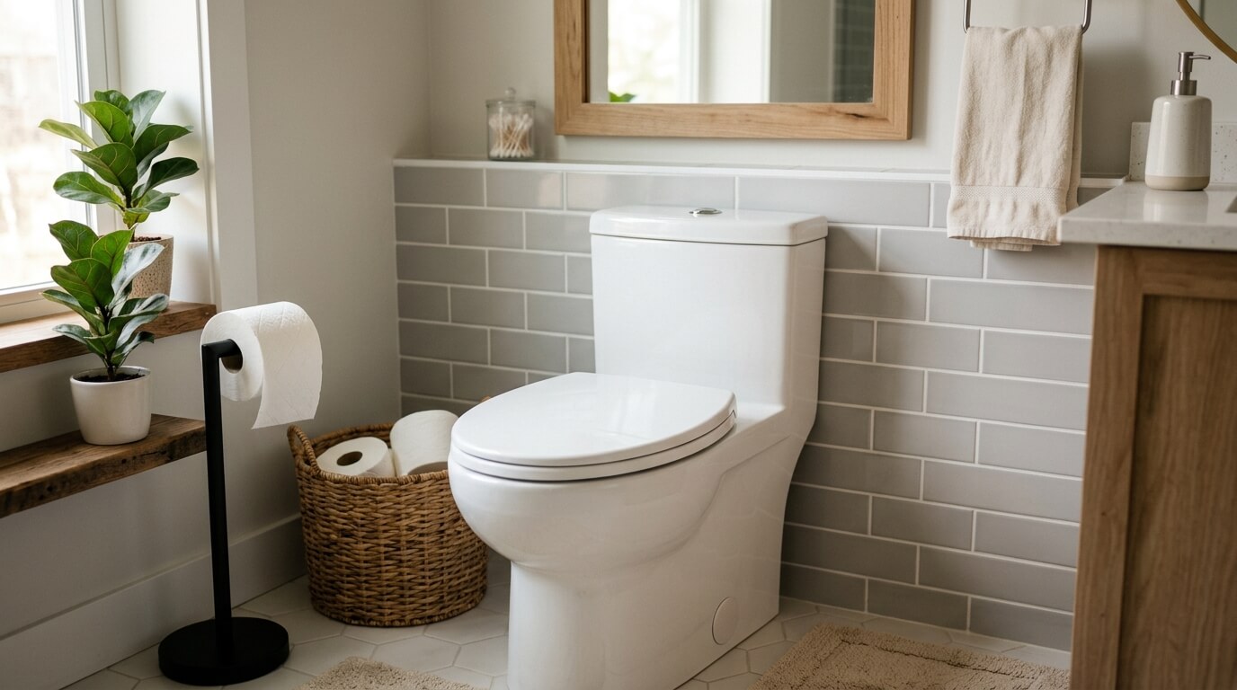 욕실 위생을 위해 변기 뚜껑을 닫아 놓은 모습