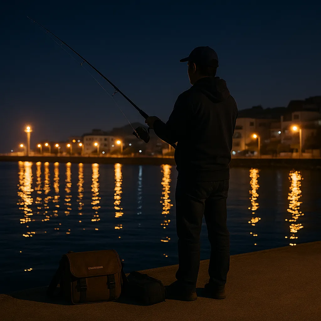 울산 정자항 야경 속 전갱이 루어낚시하는 모습