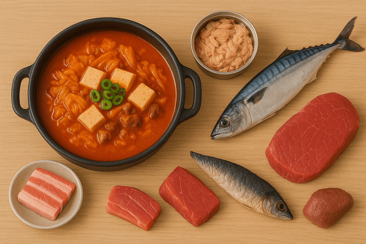 김치찌개와 단백질 재료인 돼지고기,참치,고등어 ,소고기 이미지