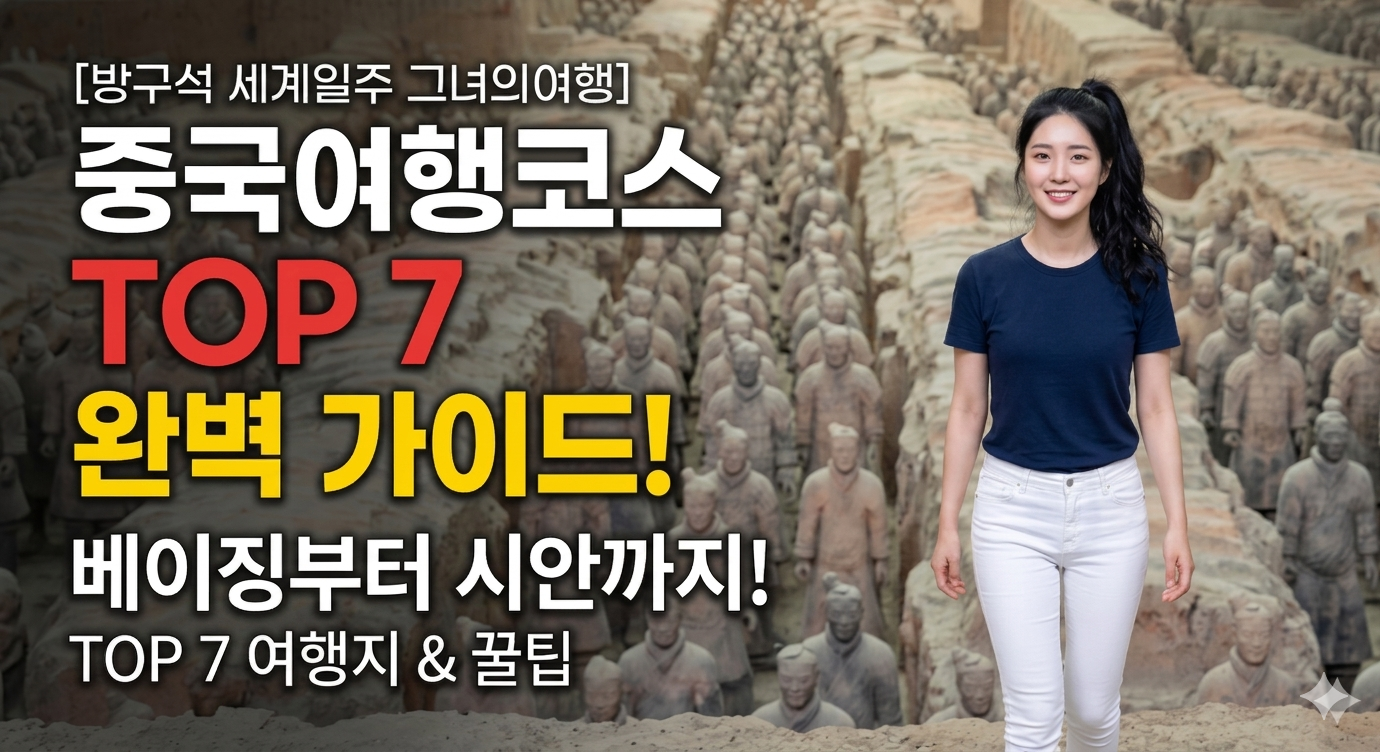 시안 병마용 박물관의 웅장한 제1갱 토용 군단을 배경으로, 포니테일 머리에 네이비색 반팔 티셔츠와 화이트 진을 입고 환하게 웃으며 걸어오는 젊은 한국 여성 여행자의 모습을 담은 여행 블로그 커버 이미지. 이미지 왼편에는 '[방구석 세계일주 그녀의여행] 중국여행코스 TOP 7 완벽 가이드! 베이징부터 시안까지! TOP 7 여행지 &amp; 꿀팁'이라는 가시성 높은 한글 제목과 내용이 오버레이되어 있다. 대륙의 스케일과 현대적인 여행자의 모습이 조화된 고화질 사진.