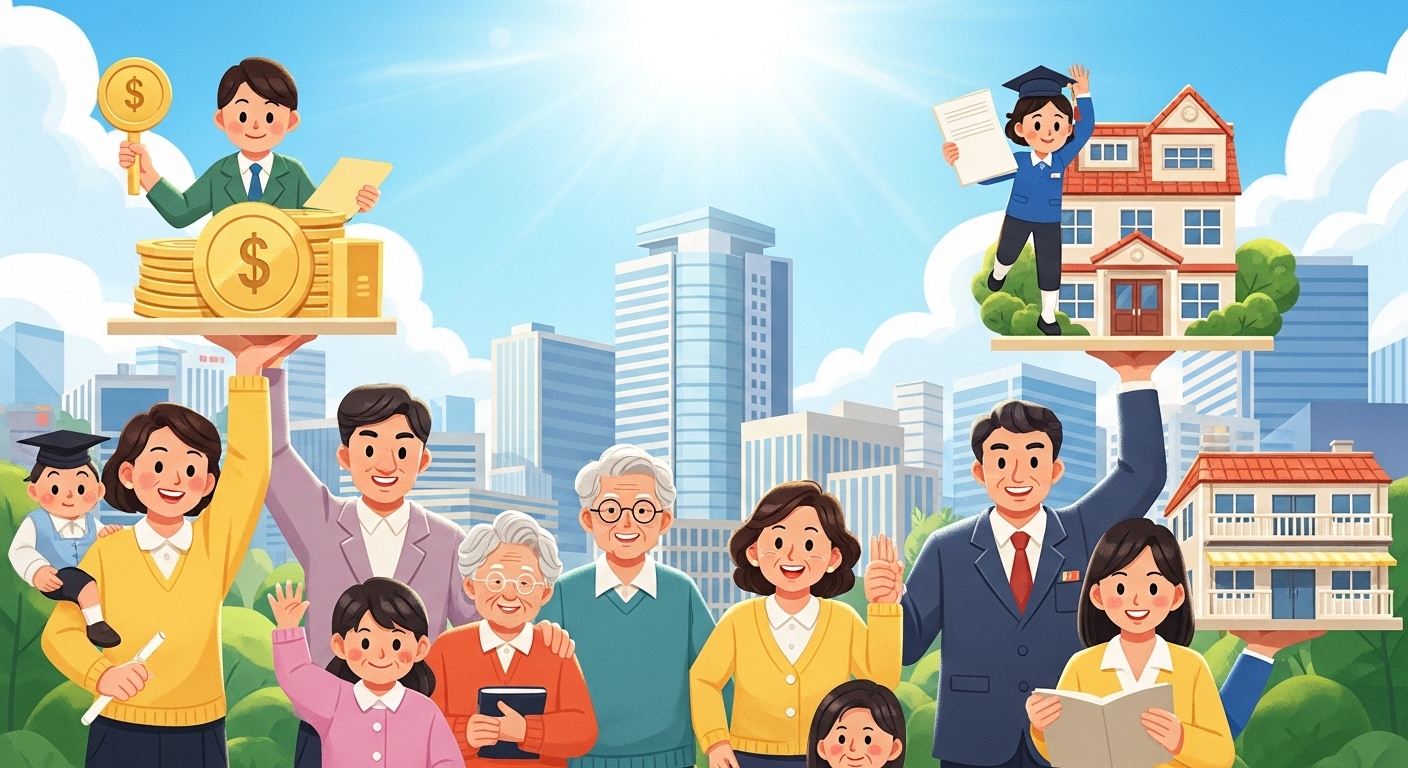 다양한 연령과 계층의 한국 시민들이 정부 지원을 통해 긍정적인 삶을 영위하는 모습을 담은 희망찬 일러스트. 현대적인 도시 풍경을 배경으로 하여 정부 정책의 긍정적 효과를 상징합니다.