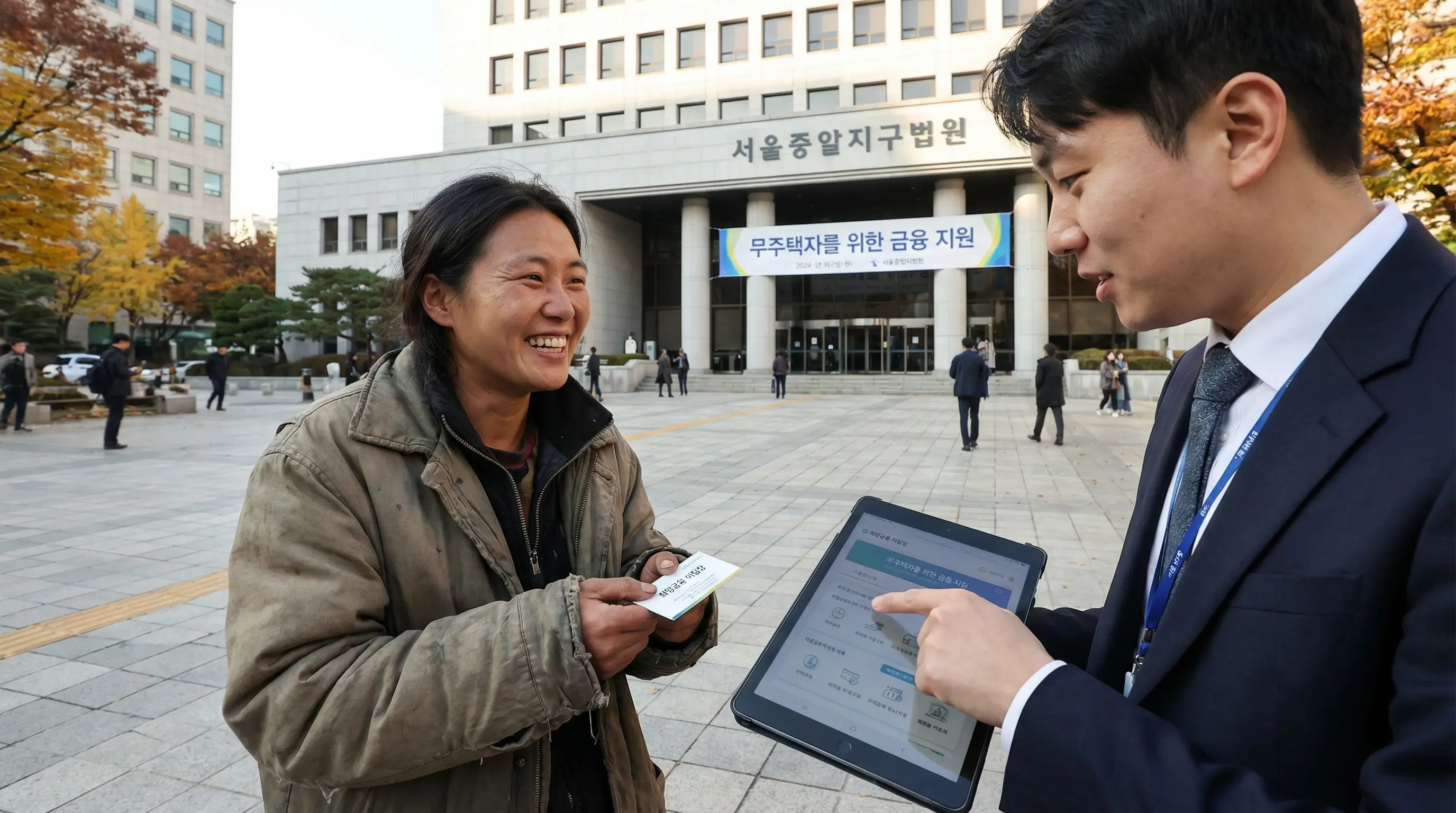 법원 앞에서 대출 상담사와 명함을 주고받으며 자금 계획을 세우는 무주택자의 희망찬 모습