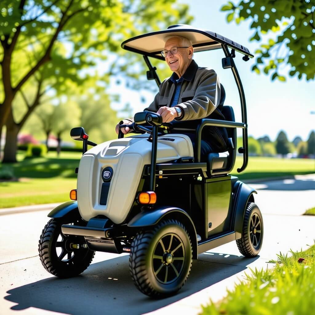 한 노인이 실버카에 탑승하는 모습. 차량의 편리한 접근성과 안전성을 강조하는 장면.