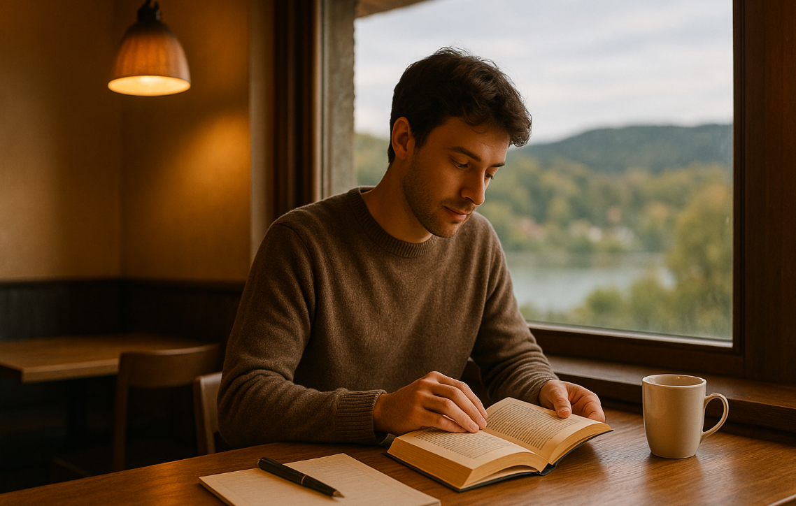 분위기 좋은 카페에서 독서로 힐링하는 모습