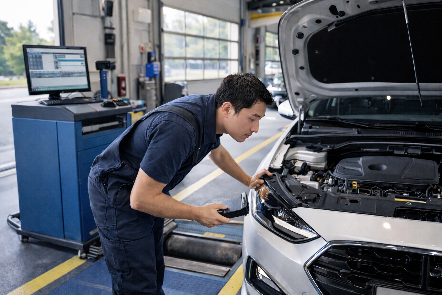 자동차 정기검사장에서 차량 안전 상태를 점검하는 장면