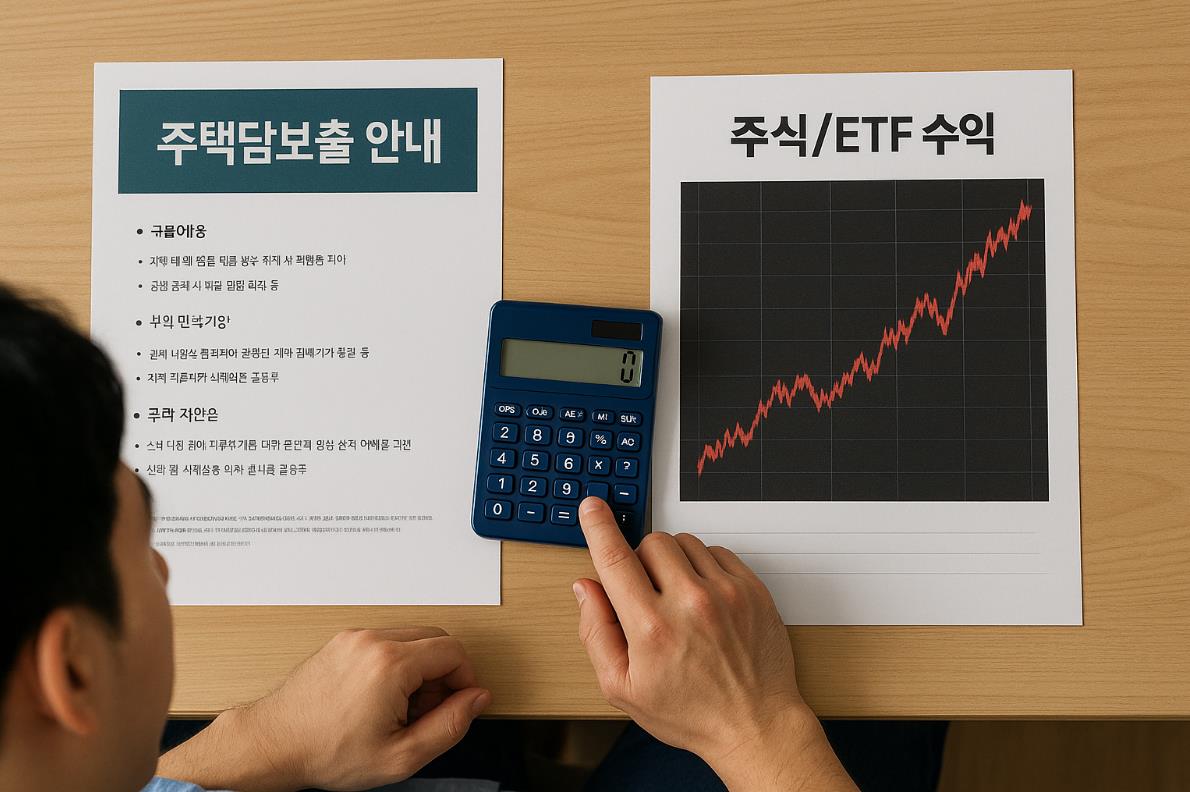 남성이 주택담보대출 안내와 주식/ETF 수익 자료를 검토함.