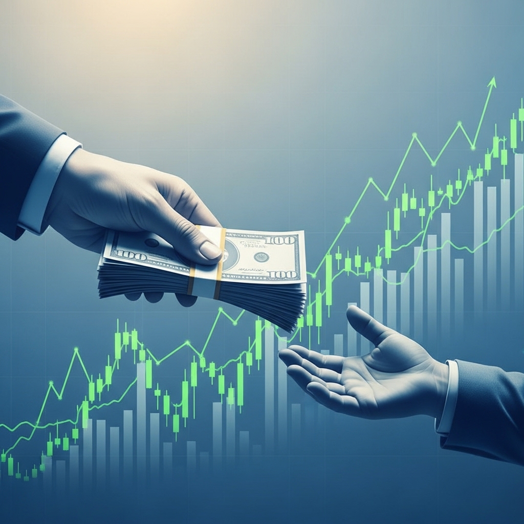 부모가 자녀에게 현금을 건네는 모습과 함께 성장하는 주식 차트가 배경에 있는 이미지. 자녀 자산 증식과 증여를 상징합니다.