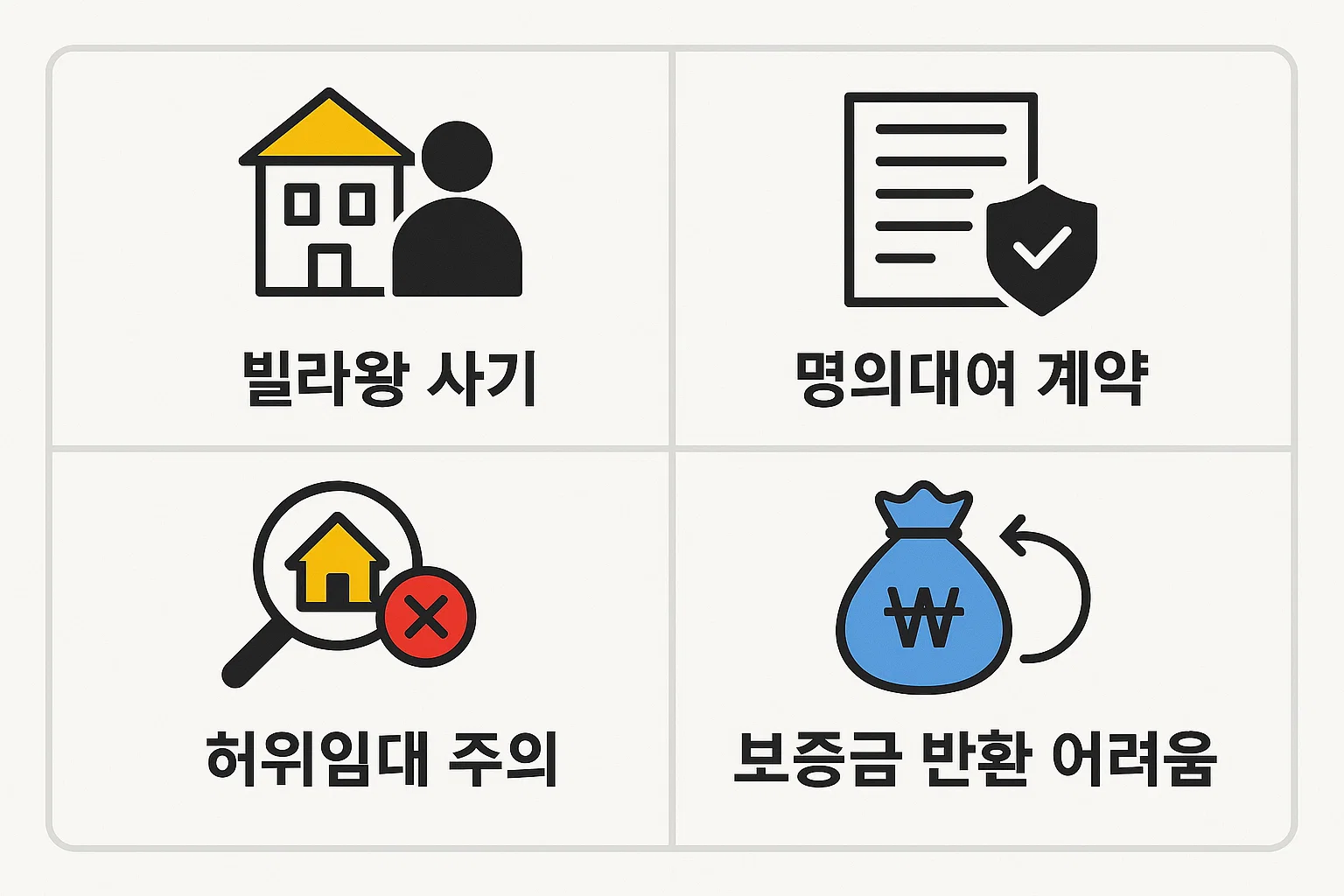 빌라왕 사기, 명의대여 계약, 허위임대 주의 등 실전 사례 기반 전세사기 예방 포인트를 정리한 인포그래픽