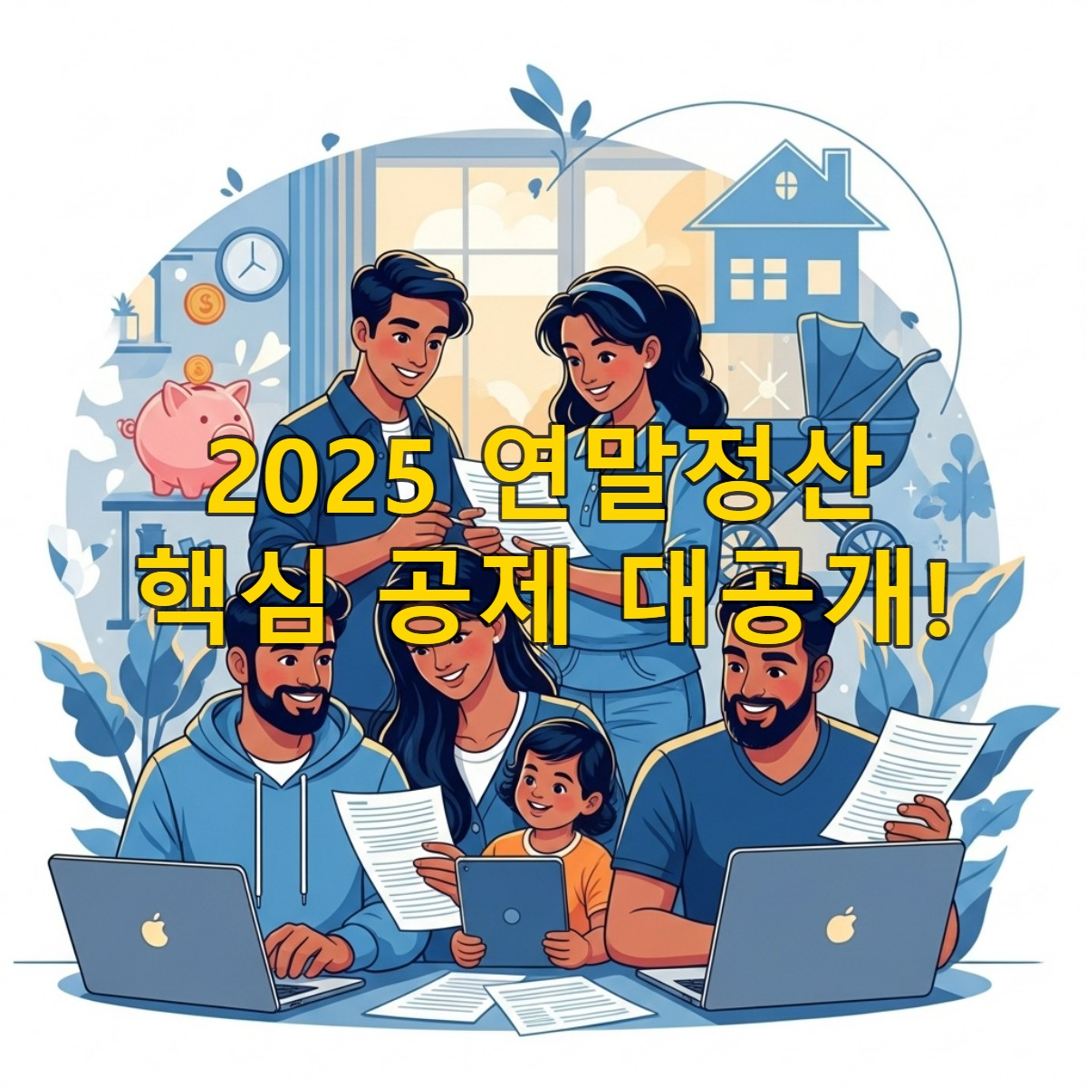 2025년 연말정산을 효율적으로 준비하며 환하게 웃고 있는 다양한 연령대의 사람들, 파란색과 회색 톤의 따뜻한 사무실 분위기에서 세금 서류와 노트북을 사용하는 모습.