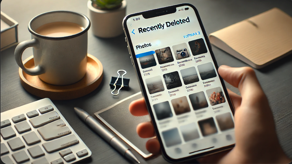아이폰에서 '최근 삭제된 항목' 앨범을 보여주는 사진, 홈 오피스 설정에서 자연광을 받으며 찍은 사실적인 이미지.