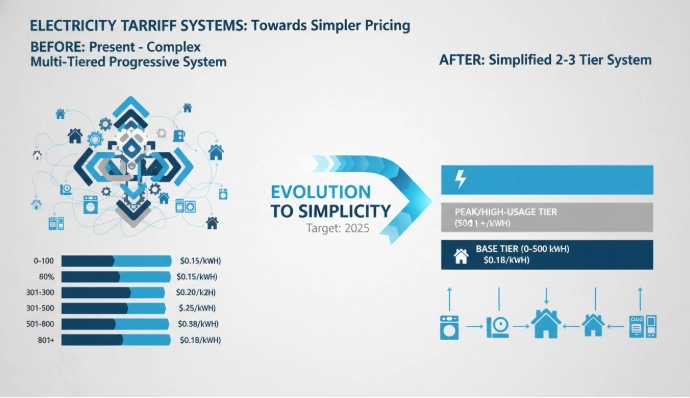 복잡했던 기존 전기요금 누진제에서 2025년 더욱 간소화된 2단계 또는 3단계 요금 체계로 변화하는 과정을 보여주는 인포그래픽.