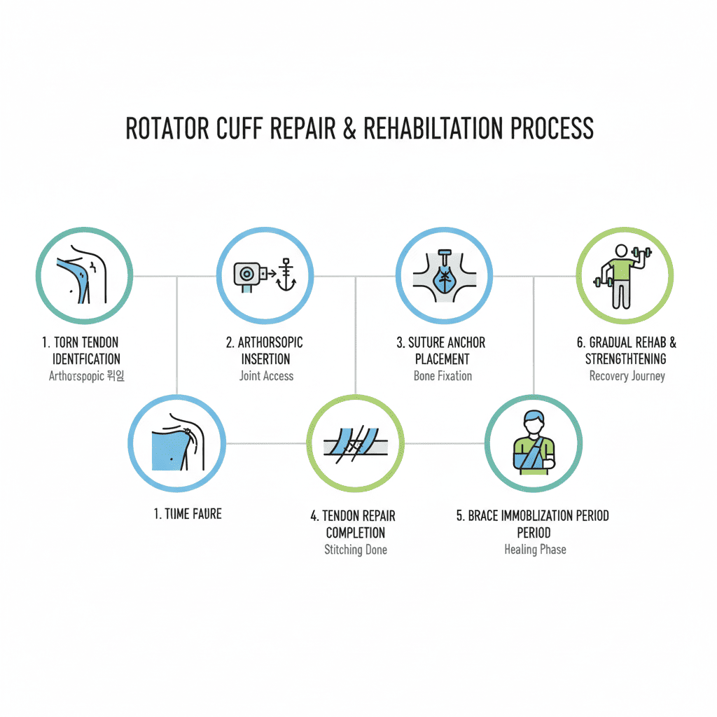 관절경 회전근개 봉합수술 과정과 보조기 착용, 초기 재활, 근력 강화 등 단계별 회복 과정을 설명하는 인포그래픽.