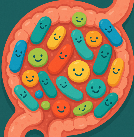 장 내에 유익균이 가득한 모습을 재미있게 표현한 일러스트