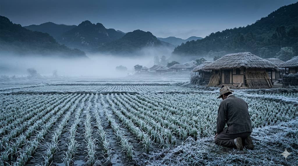 파일명: joseon_ice_age_climate_crisis_historical_comparison_korea.jpg Alt 태그: 조선시대 소빙기 1626년 여름 서리 기록 조선왕조실록 기후위기 역사 비교 한반도 경제 충격