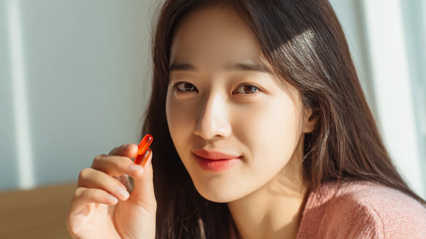 물과 함께 알약을 복용하는 한국인 이미지