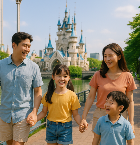 롯데월드에서 즐거운 시간 보내고 있는 가족