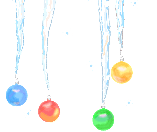 4개의 고드름이 나란히 있다. 고드름 끝에는 동그란 색깔있는 장식품이 매달렸다.