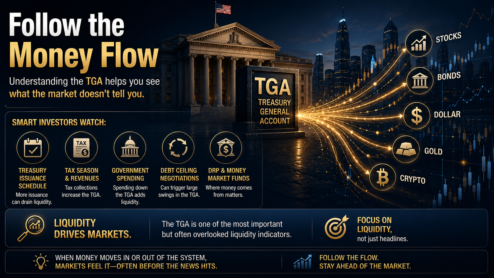 Illustration of Treasury General Account (TGA) capital flows showing how smart investors track liquidity and money movement across financial markets.