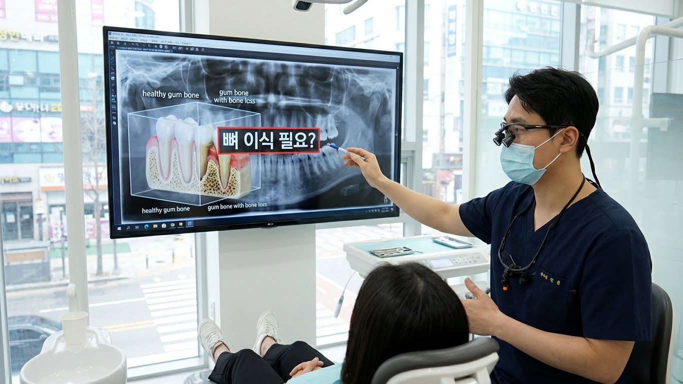 치과 의사가 환자의 엑스레이 사진을 가리키며 잇몸 뼈 상태를 설명하는 모습