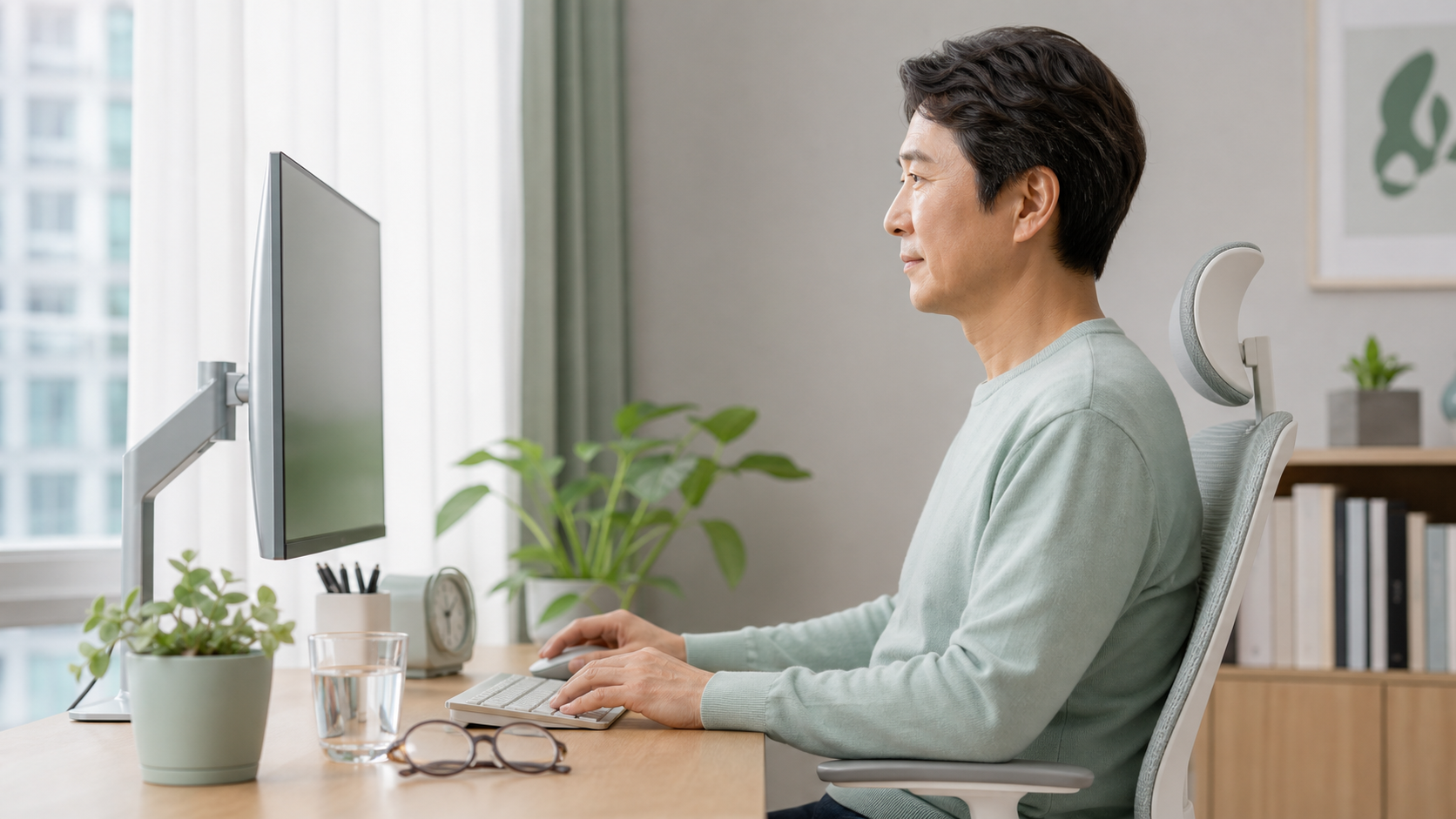 모니터 높이와 거리를 맞춘 책상에서 컴퓨터 작업을 하는 중년 남성 사진