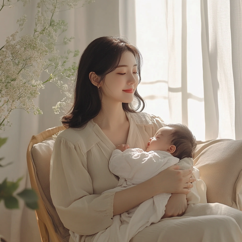 엄마가 아기에게 모유를 먹이며 편안하게 앉아 있는 장면