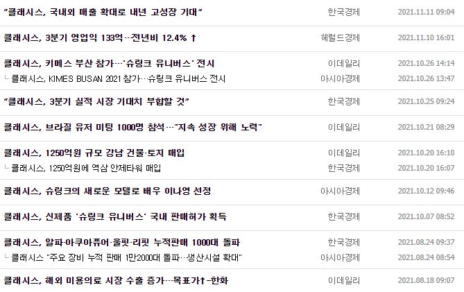 클래시스 뉴스, 공시