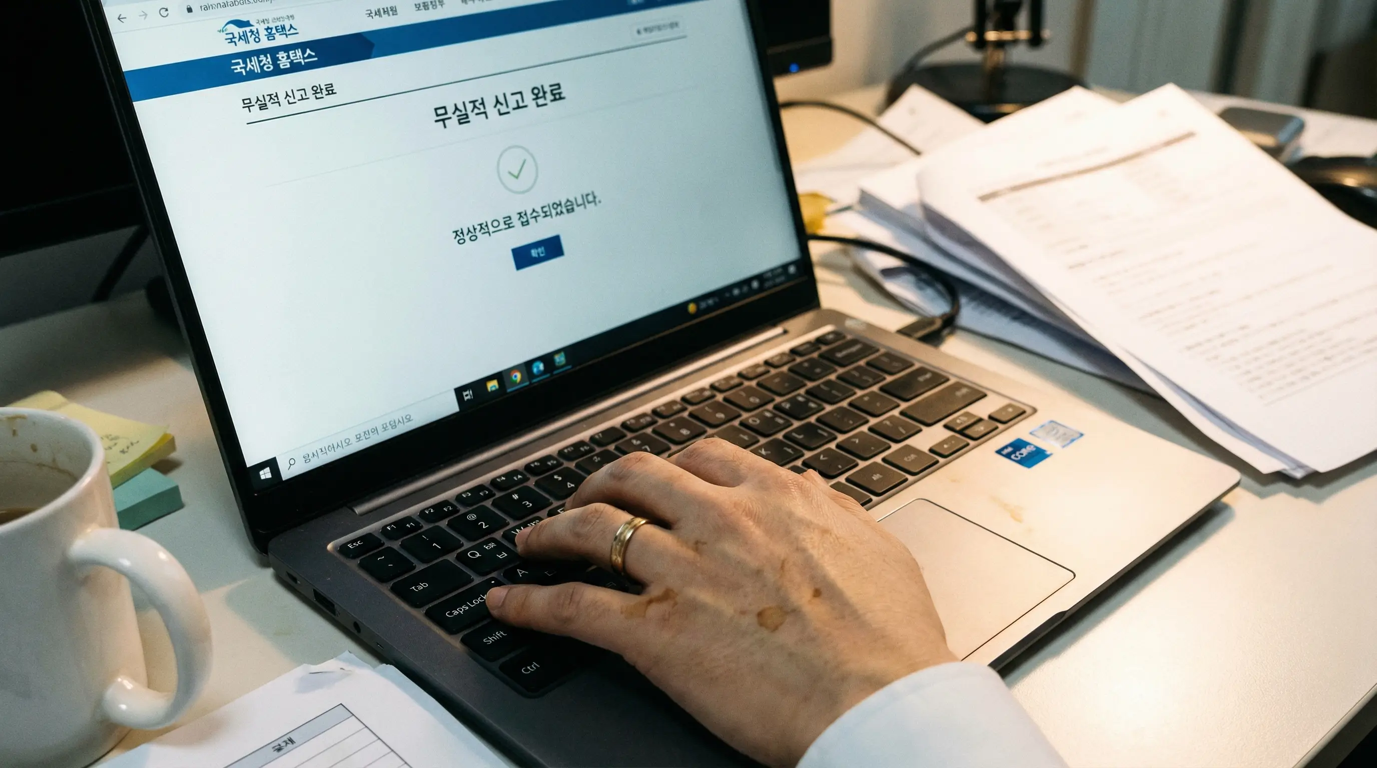 노트북 화면에 국세청 홈택스 무실적 신고 완료 화면이 떠 있고, 안도하는 실무자의 손
