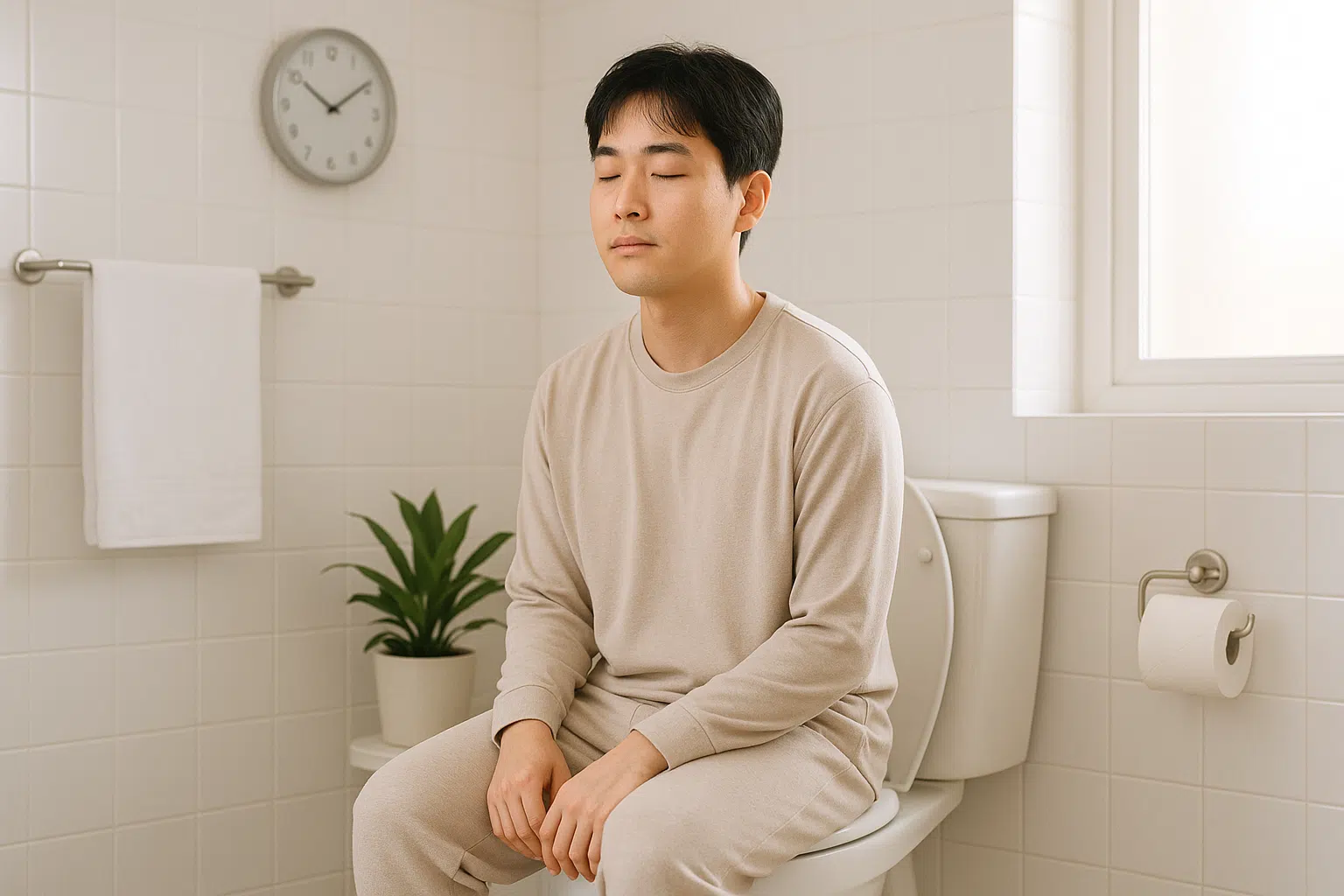 화장실 변기에 앉아 조용히 시간을 보내는 사람, 스마트폰 없이 편안한 표정, 깨끗한 욕실