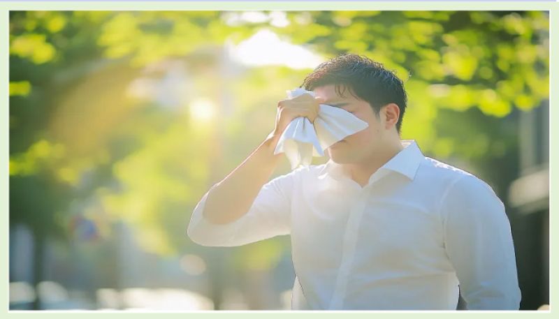  도심의 햇빛 아래에서 손수건으로 얼굴을 닦는 남성&amp;#44; 퇴근길 무더위와 온열질환 경고 메시지용 이미지입니다.