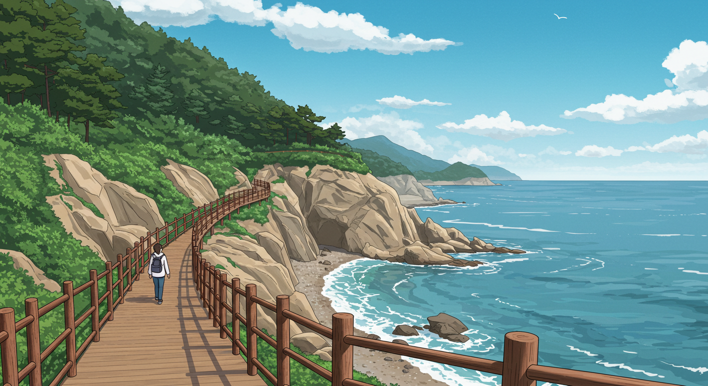 기장 오랑대공원의 절벽과 바다 산책로 장면