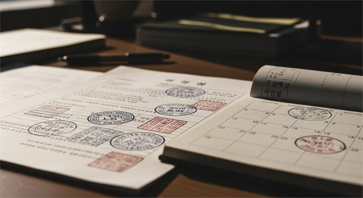 제재심 절차를 떠올리게 하는 문서와 달력 장면 