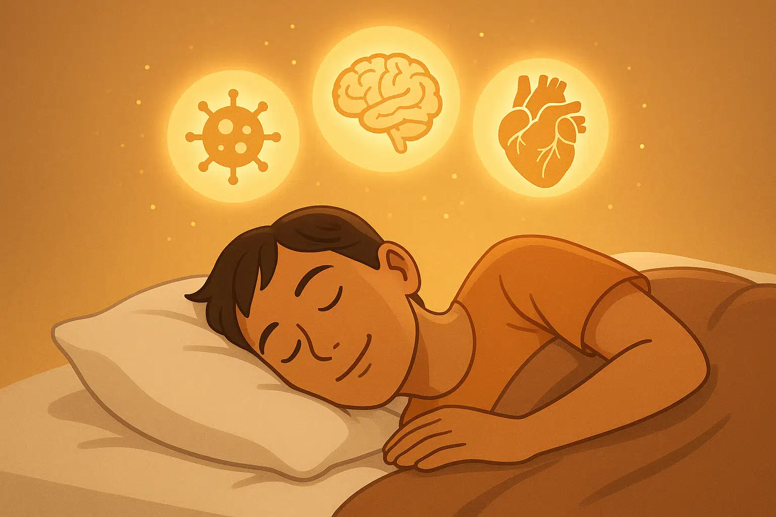 평화롭게 숙면하는 사람 위에 뇌·심장·면역 세포 아이콘이 안정적으로 빛나는 모습